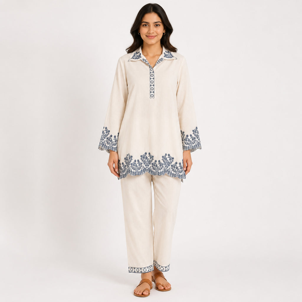 Women's Off-White Floral Embroidered Collared Kurta and Pants Co-ord Set-1