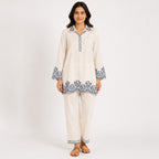 Women's Off-White Floral Embroidered Collared Kurta and Pants Co-ord Set-1
