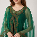 Women's Elegant Hand-Embroidered Green Sheer Cape Overlay Top with Trousers Set-3