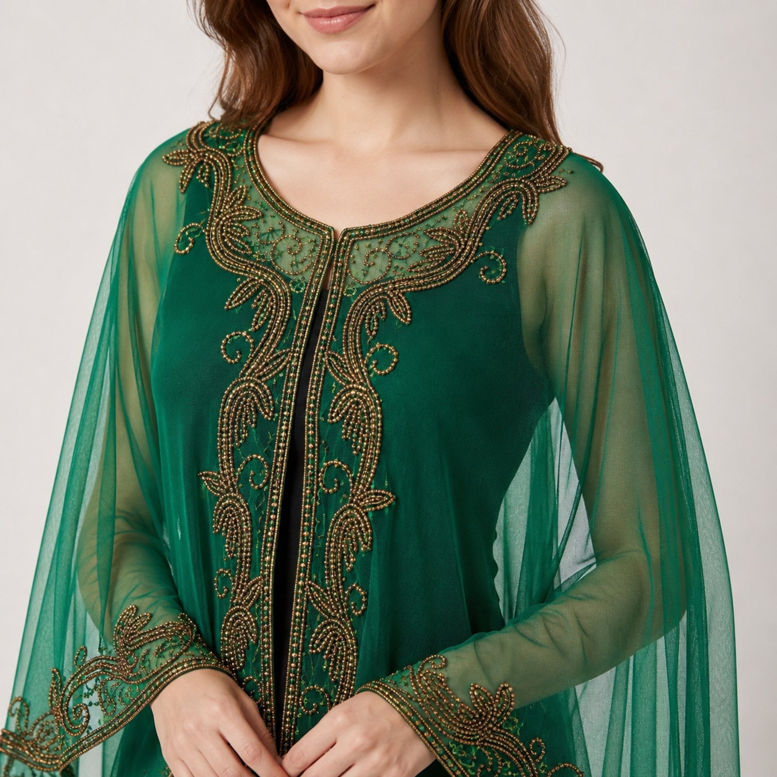 Women's Elegant Hand-Embroidered Green Sheer Cape Overlay Top with Trousers Set-3