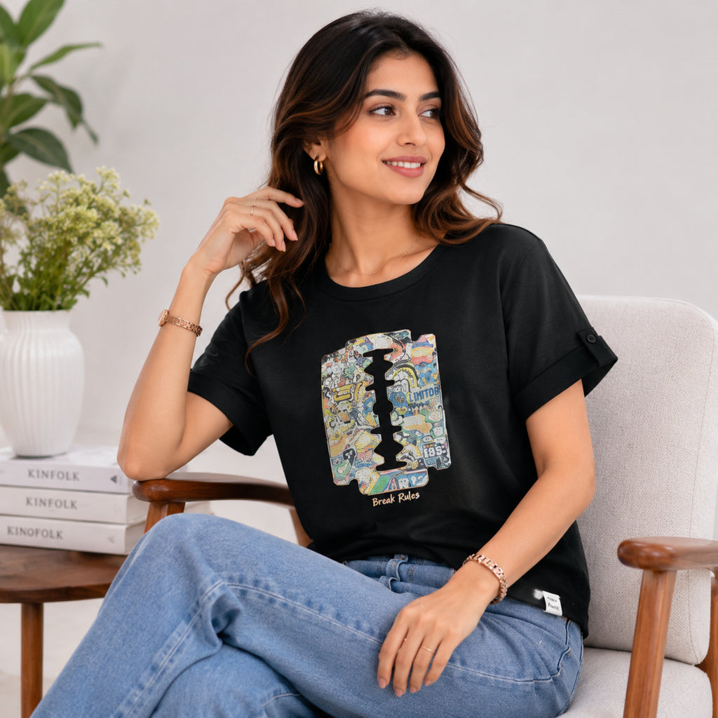 Women's Break Rules Graphic Printed Black T-Shirt-3