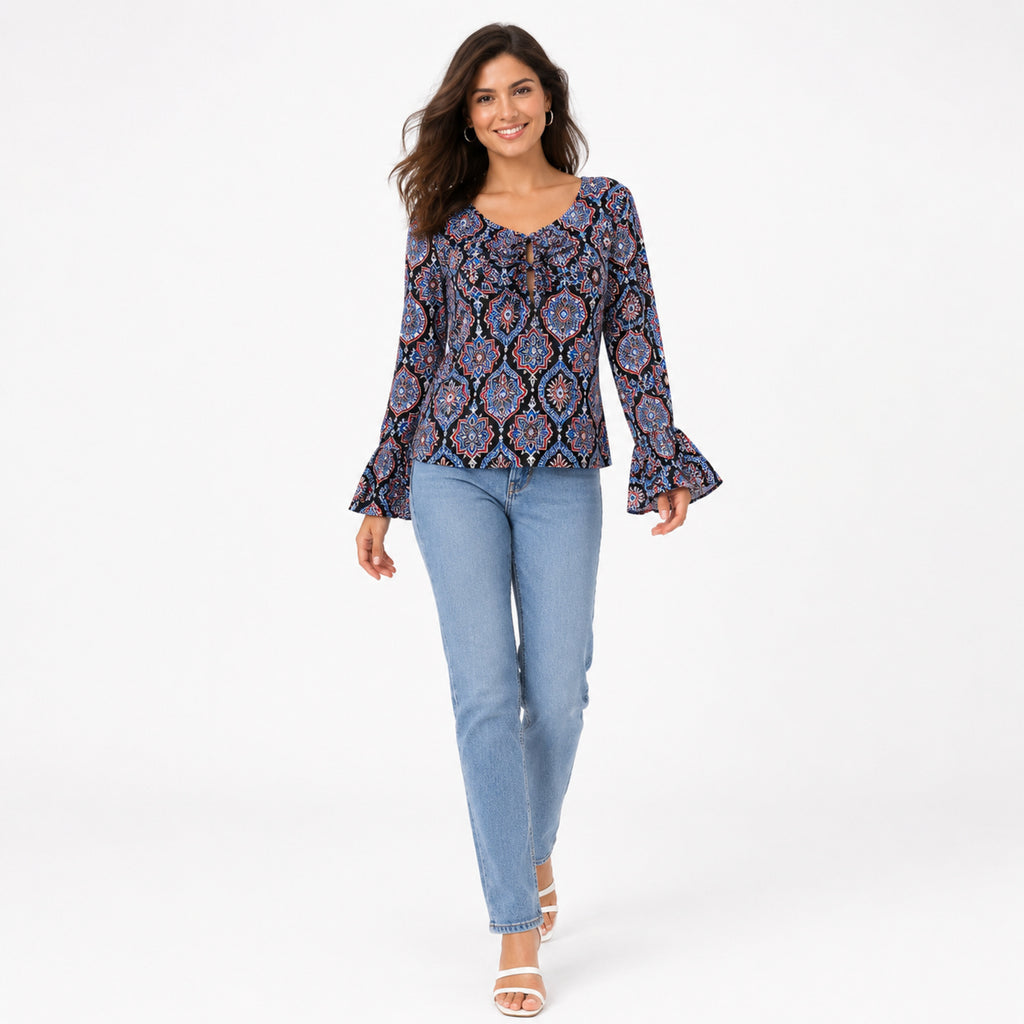 Women's Black Ethnic Motif Print Tie-Neck Bell Sleeve Top | Boho Casual Blouse-1