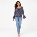Women's Black Ethnic Motif Print Tie-Neck Bell Sleeve Top | Boho Casual Blouse-1