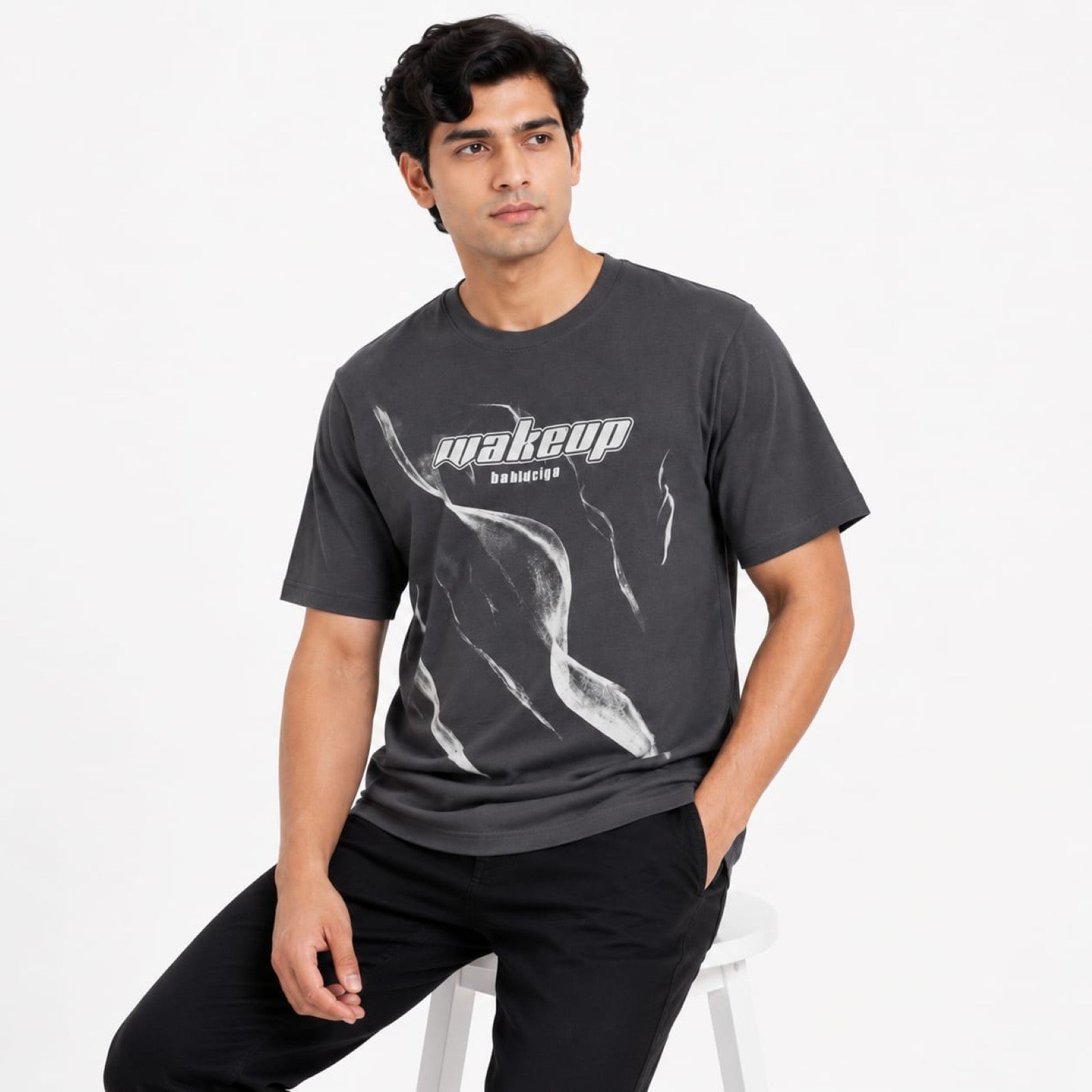 Men's Grey Abstract Wakeup Graphic Crew Neck T-Shirt-2