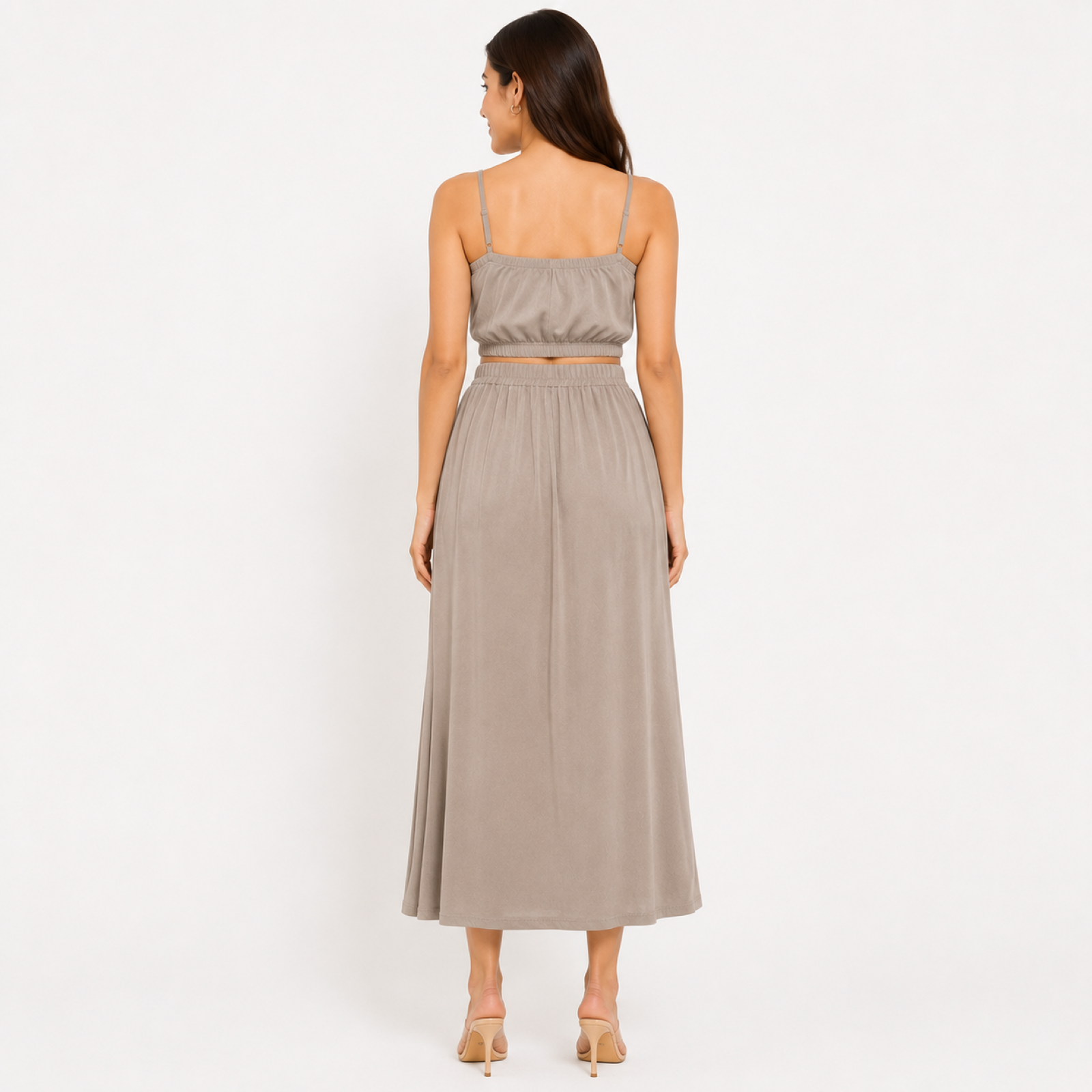 Women's Peach Sleeveless Co-Ord Set | Crop Top & High-Waist Maxi Skirt Two-Piece Outfit-4