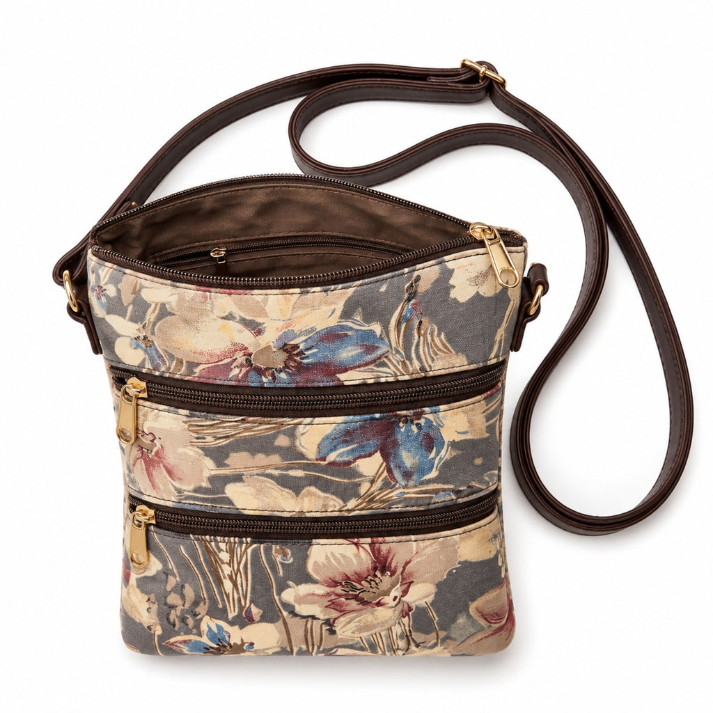 Women's Cream Floral Print Crossbody Sling Bag with Multi-Zip Compartments-4