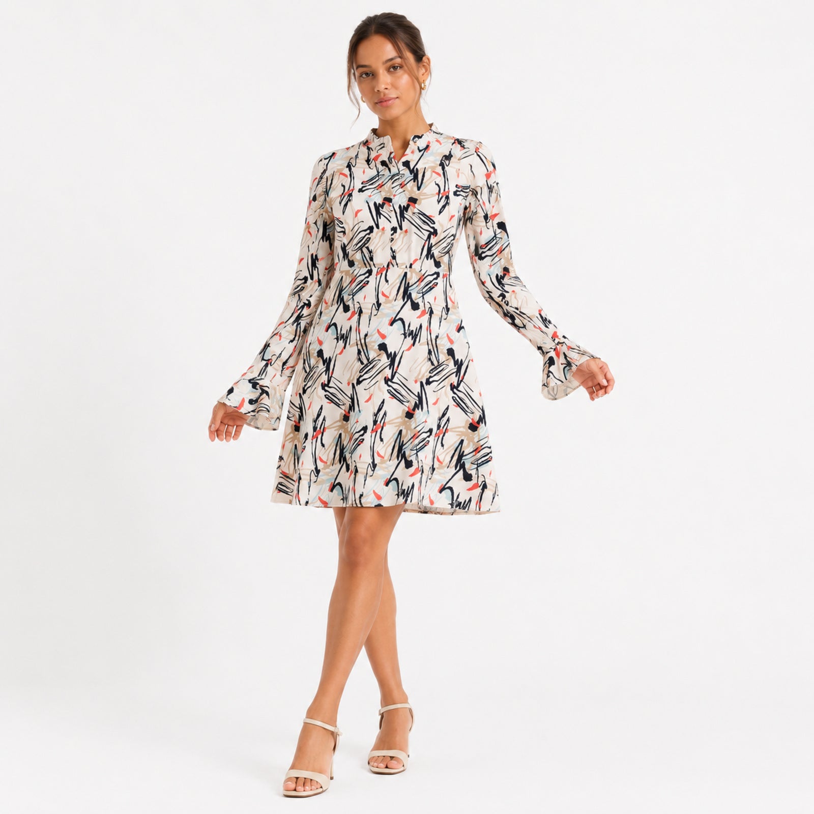 Women's Cream Abstract Printed Fit & Flare Mini Dress-1