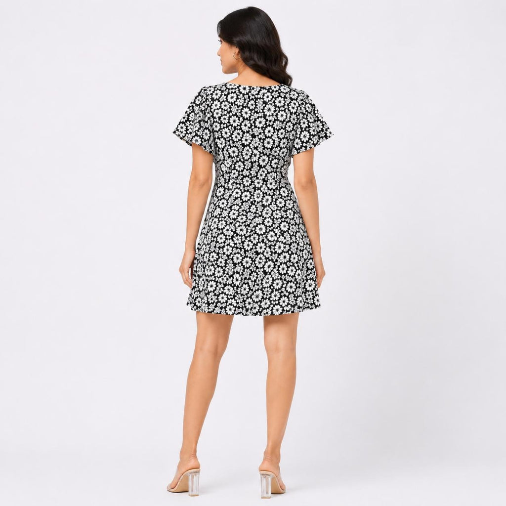 Women's Black Floral Print V-Neck Fit & Flare Mini Dress-4