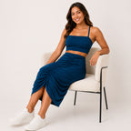 Women's Navy Blue Ruched Crop Top and Midi Skirt Co-Ord Set-2