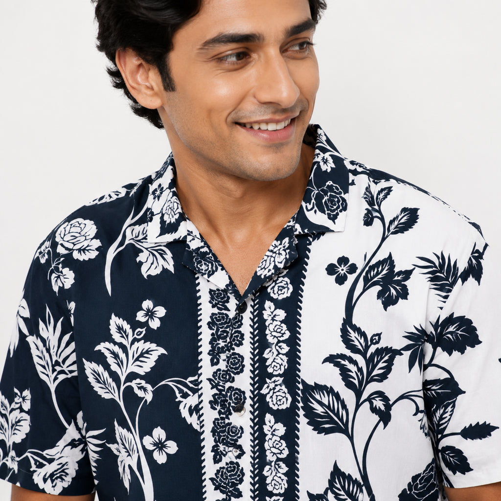 Men's Dark Blue Floral Print Half Sleeve Casual Shirt-3