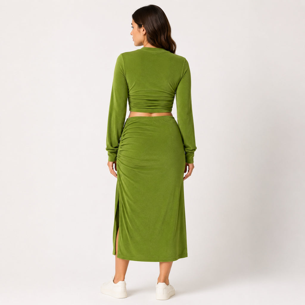 Women's Olive Green Ruched Crop Top and Midi Skirt Co-Ord Set-4
