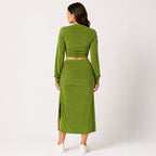 Women's Olive Green Ruched Crop Top and Midi Skirt Co-Ord Set-4