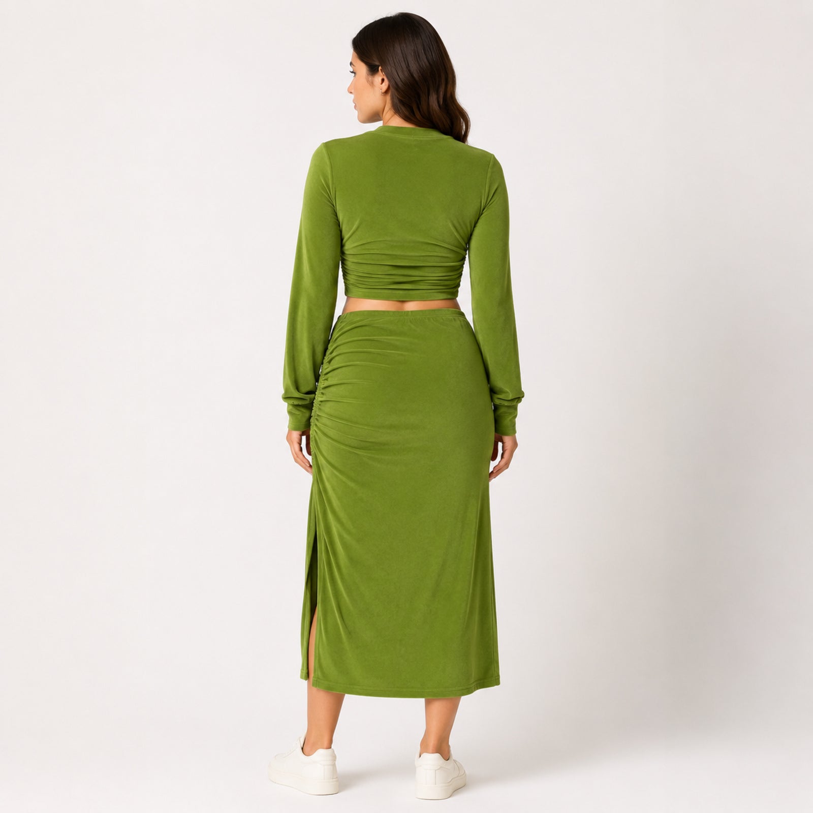 Women's Olive Green Ruched Crop Top and Midi Skirt Co-Ord Set-4