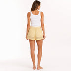 Women's Yellow Textured Lace Trim Relaxed Fit Drawstring Summer Shorts-4