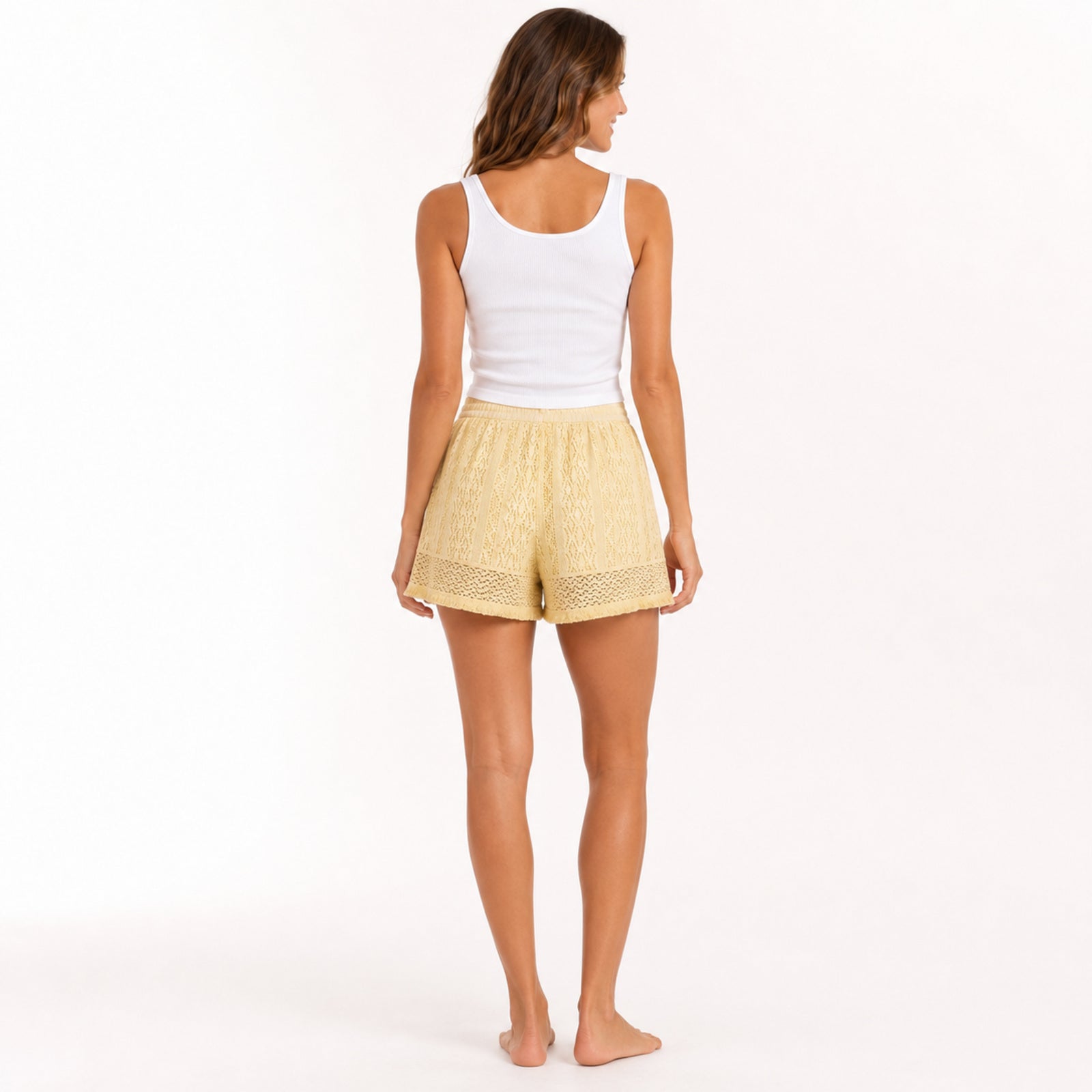 Women's Yellow Textured Lace Trim Relaxed Fit Drawstring Summer Shorts-4