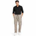 Men's Beige Elastic Waist Utility Cargo Pants with Zip Pocket Detail-1