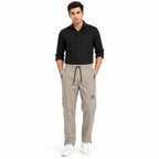 Men's Beige Elastic Waist Utility Cargo Pants with Zip Pocket Detail-1