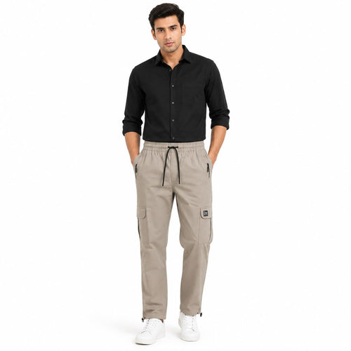 Men's Beige Elastic Waist Utility Cargo Pants with Zip Pocket Detail-1