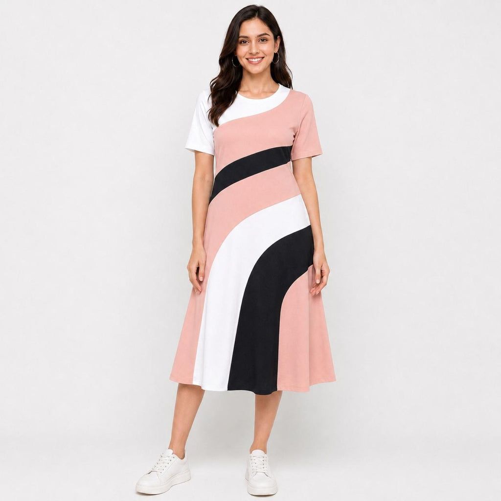 Women's Peach Abstract Color Block Round Neck A-Line Midi Dress-2
