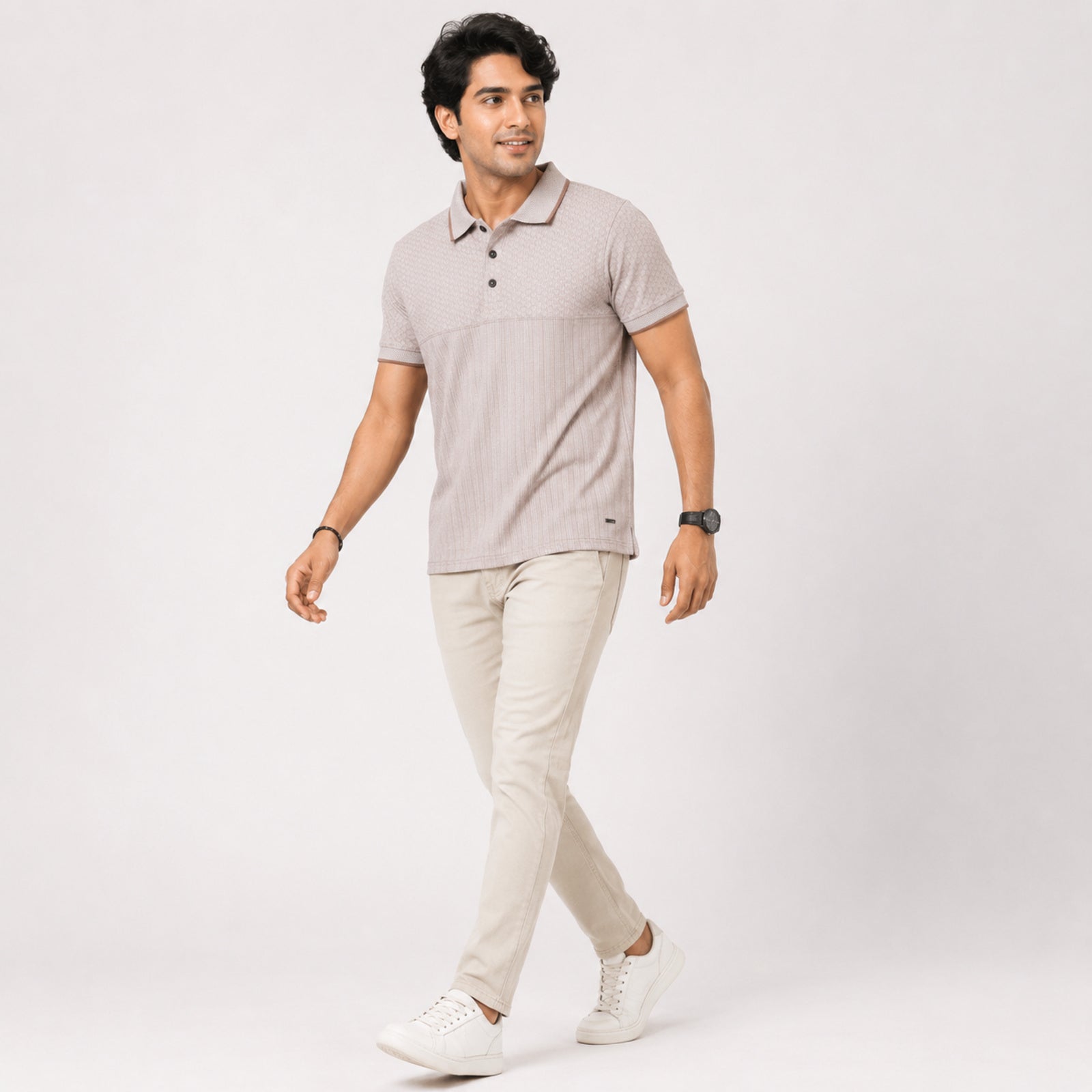 Men's Blush Sand Textured Polo T-Shirt-2