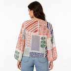 Women's Peach Patchwork Print Tie-Neck Cropped Casual Top-4