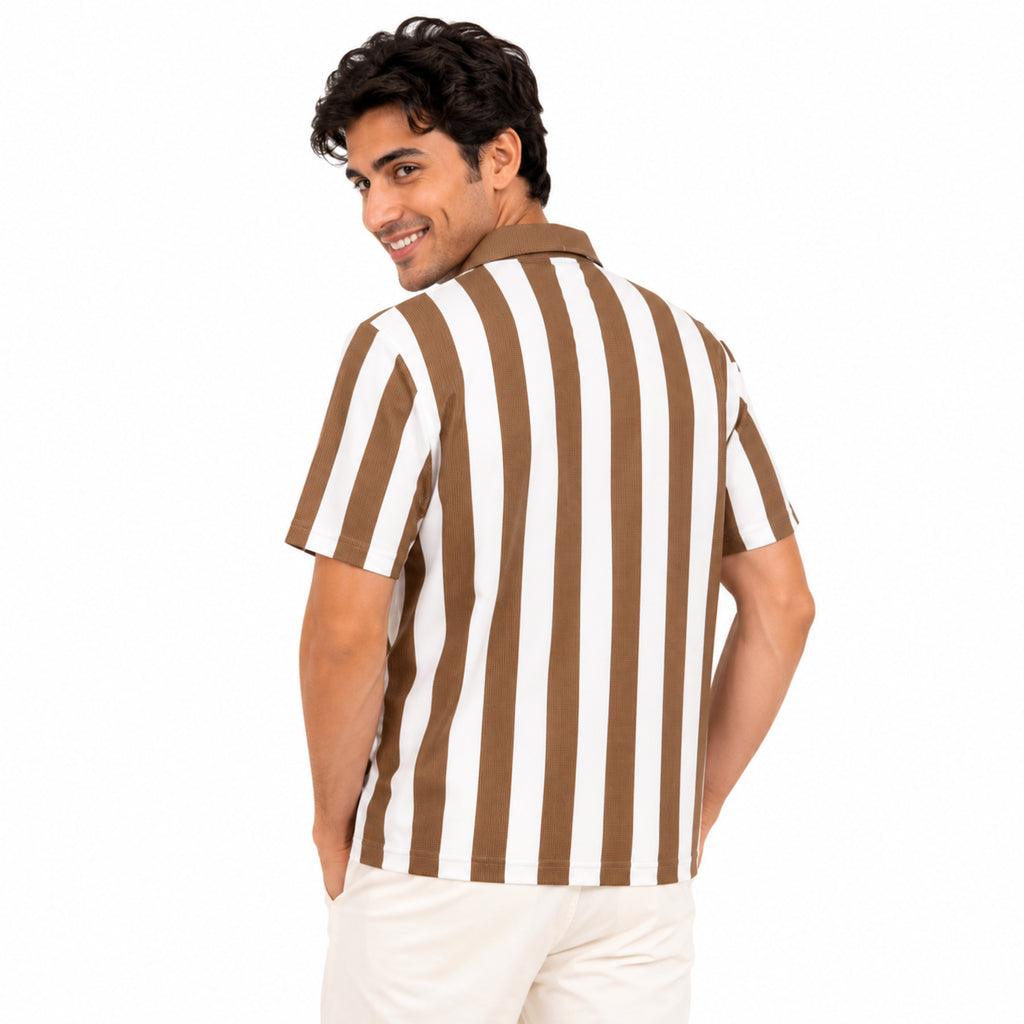 Men's Beige & White Vertical Stripe Polo T-Shirt-1
