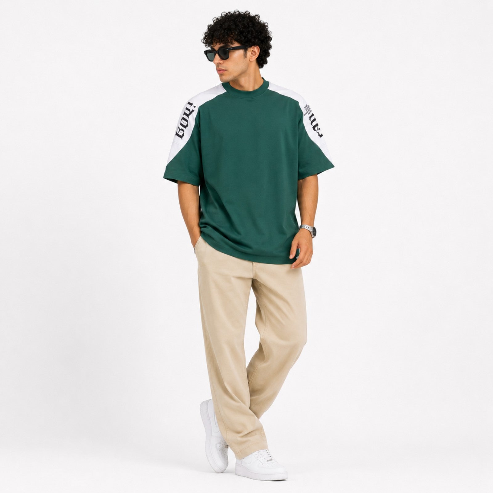 Men's Slate Blue Mock Neck Oversized Graphic T-Shirt-4