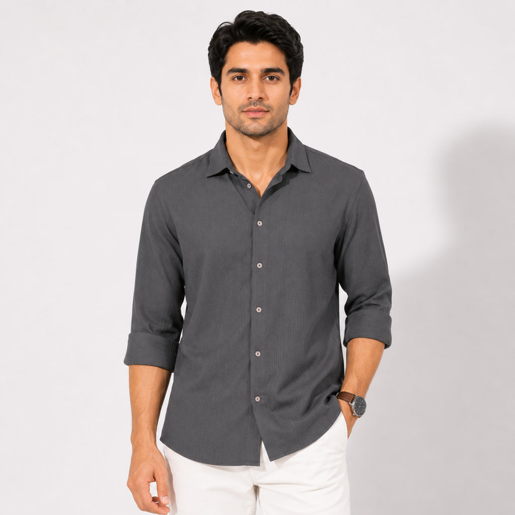 Men's Solid Grey Casual Full Sleeve Shirt-4