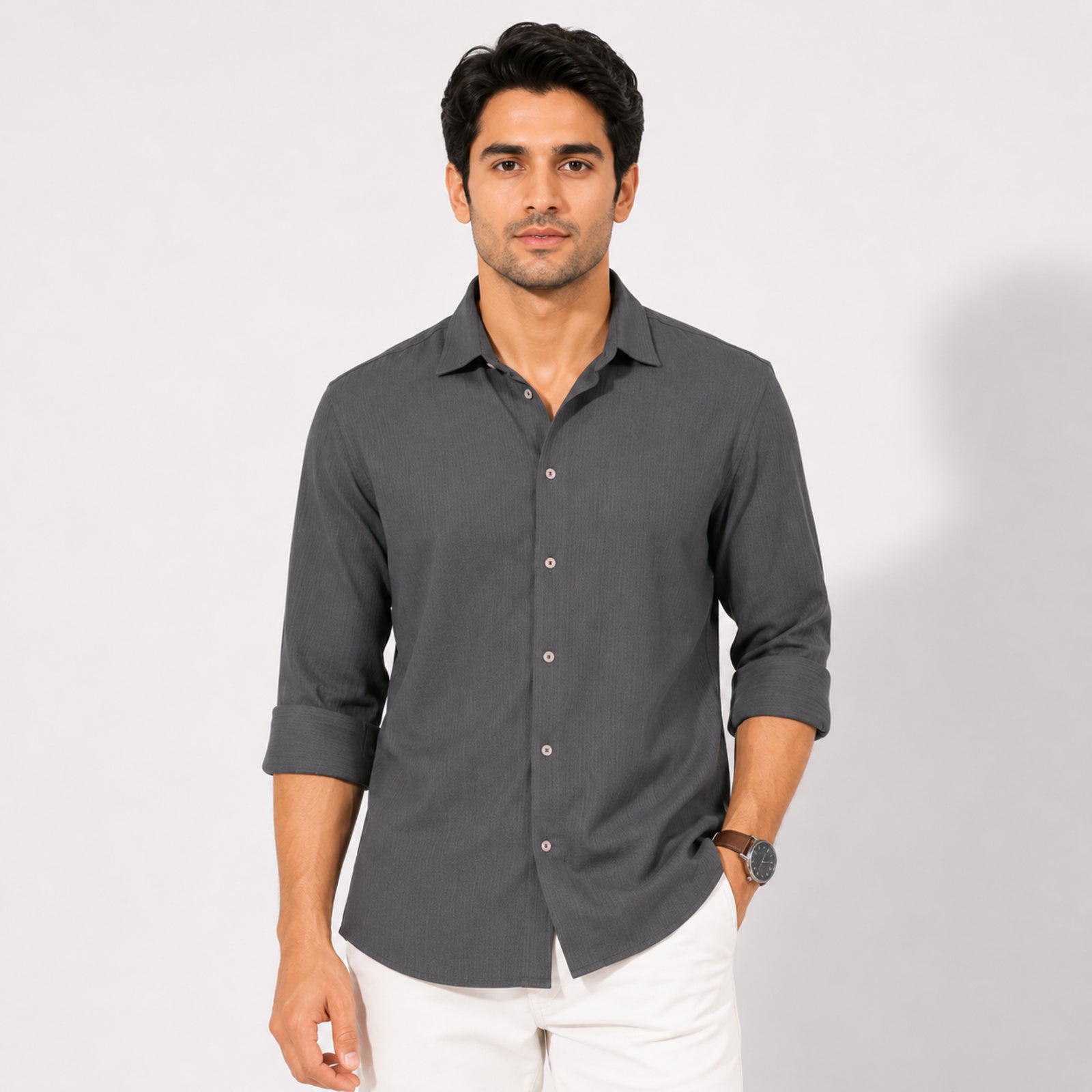 Men's Solid Grey Casual Full Sleeve Shirt-4