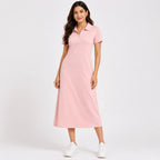 Women's Peach Polo Collar Midi Dress | Elegant Casual A-Line Cotton Blend Dress for Everyday Comfort-1