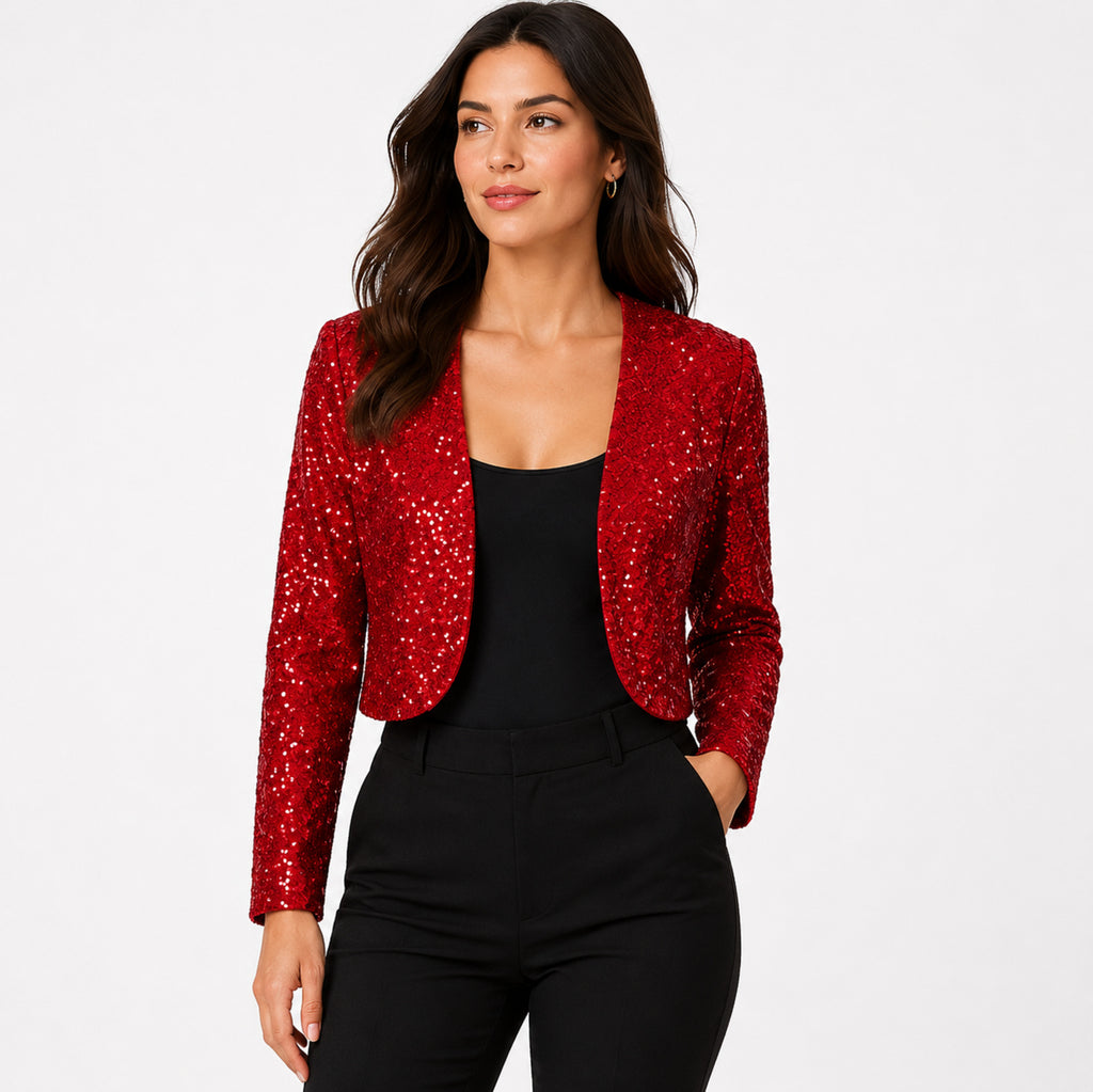 Women's Red Sequin Cropped Open Front Blazer Jacket | Glamorous Party Wear Shrug-1