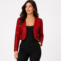 Women's Red Sequin Cropped Open Front Blazer Jacket | Glamorous Party Wear Shrug-1