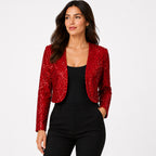 Women's Red Sequin Cropped Open Front Blazer Jacket | Glamorous Party Wear Shrug-1