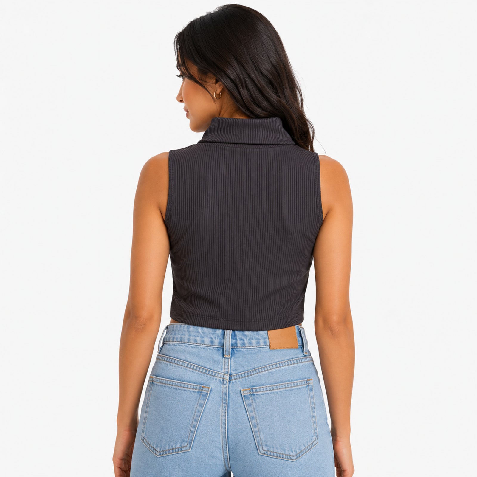 Women's Black Ribbed Sleeveless Crop Top-2