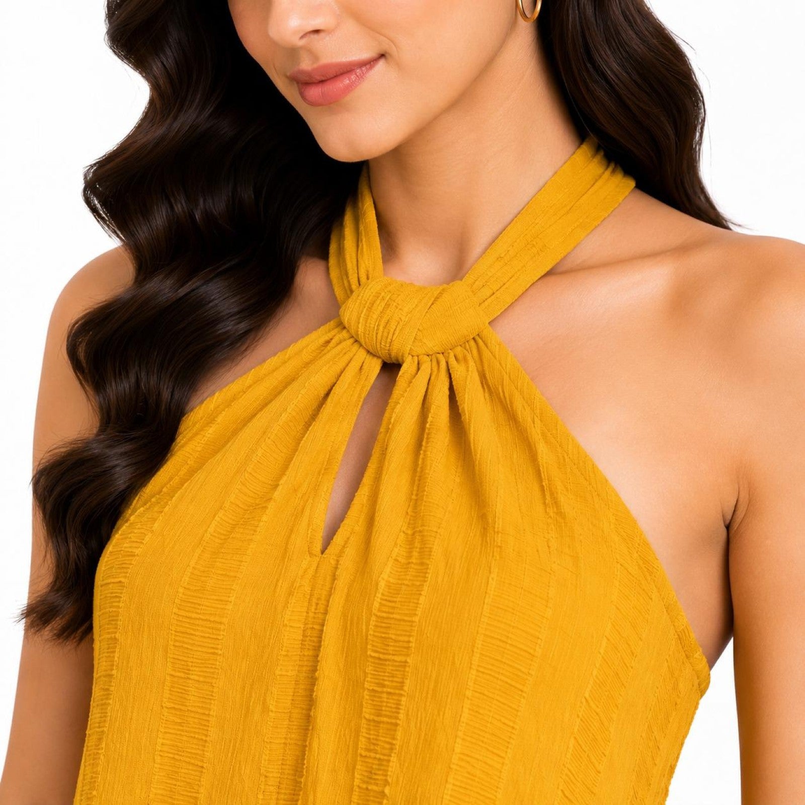 Women's Yellow Halter Neck A-Line Knee Length Dress-3