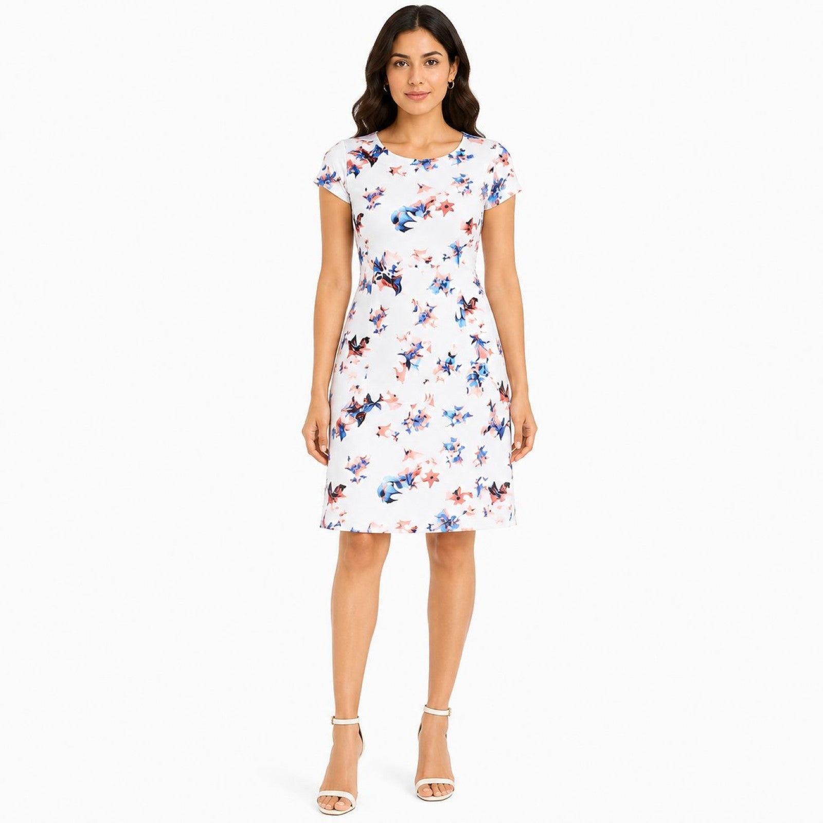 Women's White Floral Print Round Neck Short Sleeve A-Line Dress-1