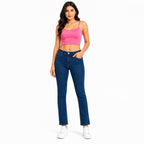 Women's Dark Blue High-Waist Slim Straight Denim Jeans with Classic Pockets-1