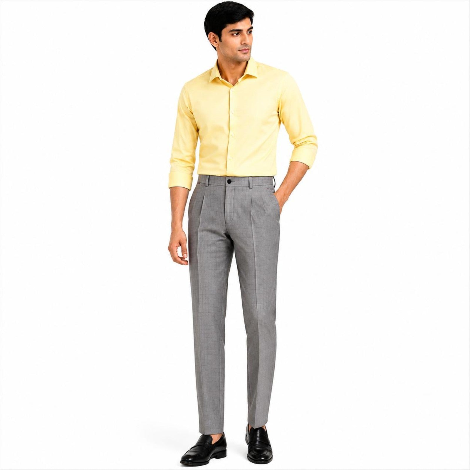 Men's Light Grey Checked Slim Fit Formal Trousers | Tailored Office Wear Pants-1