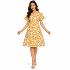 Women's Yellow Floral Print V-Neck Fit & Flare Knee-Length Dress-1