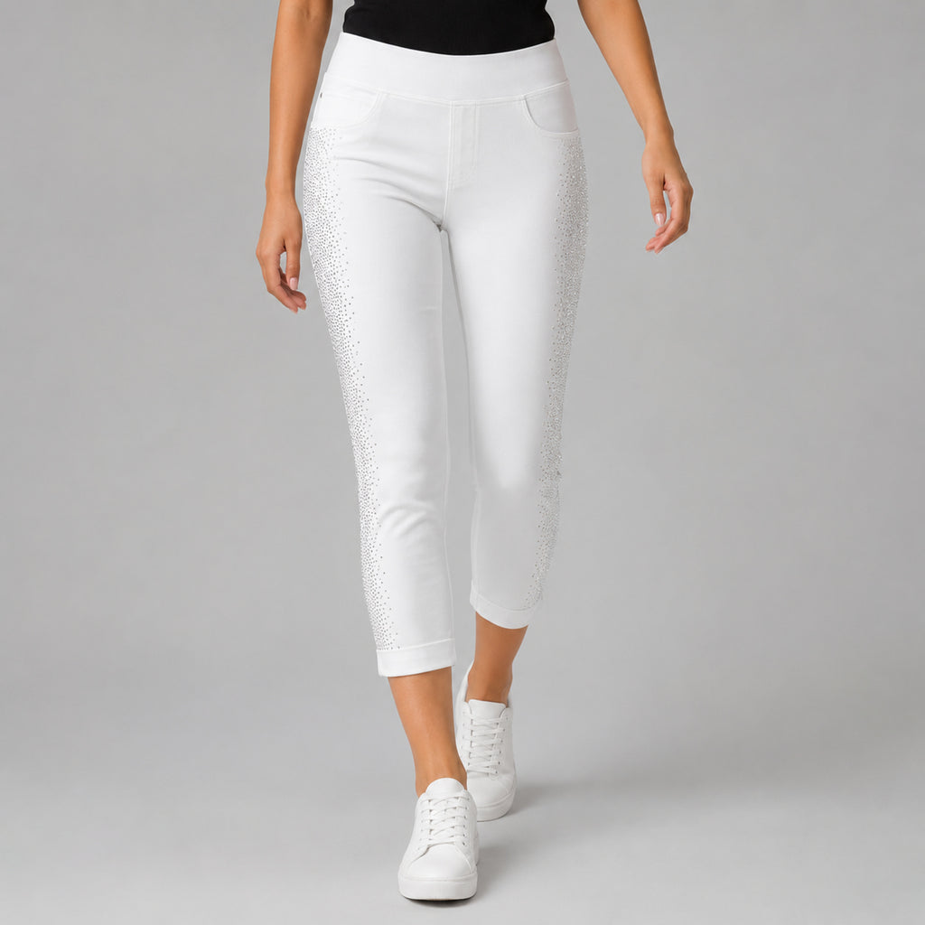 Women's Shimmering Diamond Studded White Cropped Trousers-1
