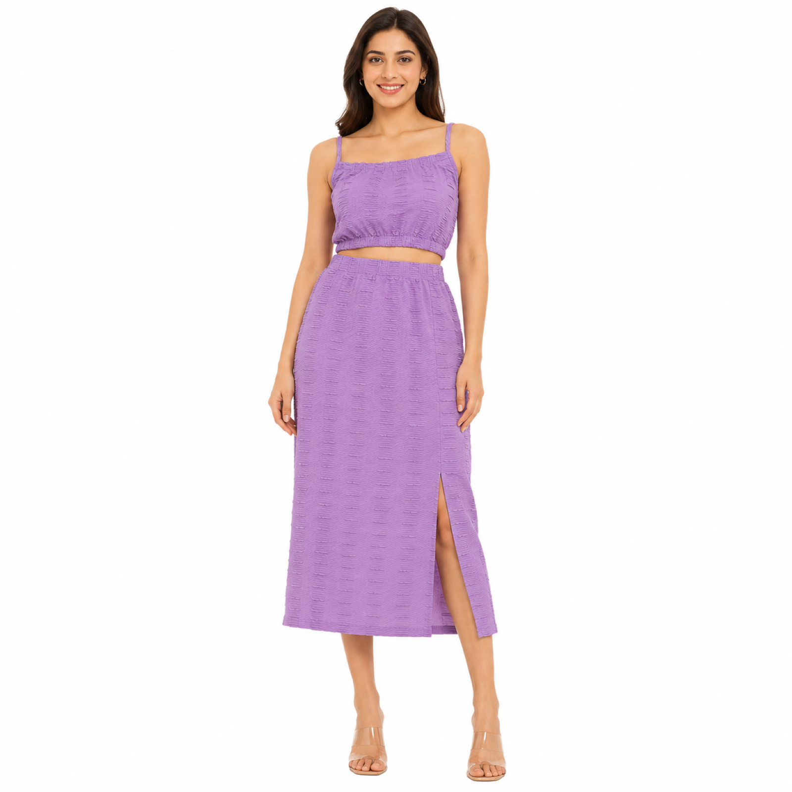 Women's Purple Textured Co-Ord Set | Sleeveless Crop Top & High-Waist Midi Skirt with Side Slit-1