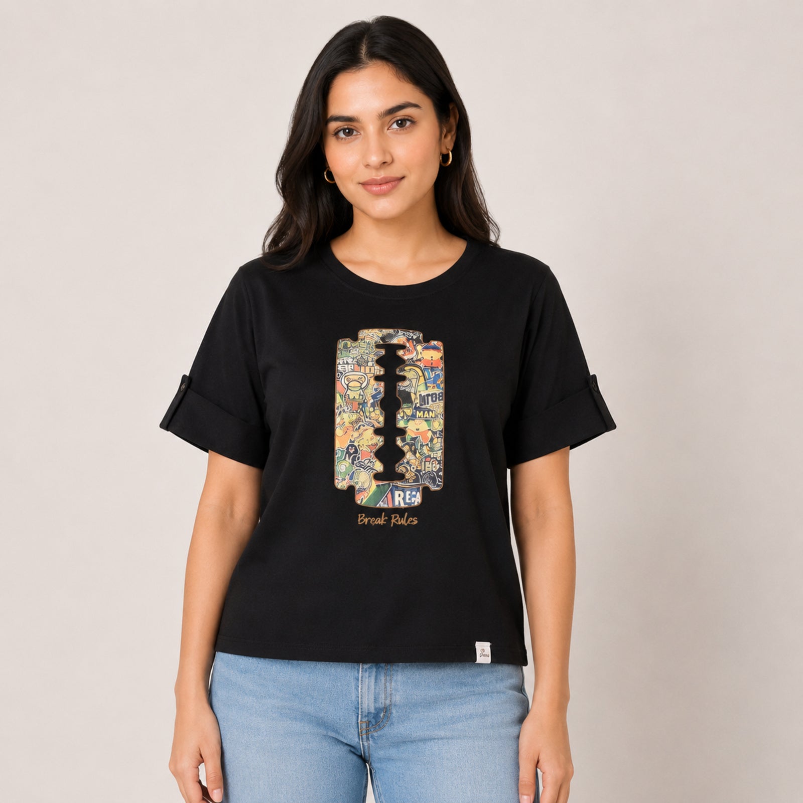 Women's Break Rules Graphic Printed Black T-Shirt-1