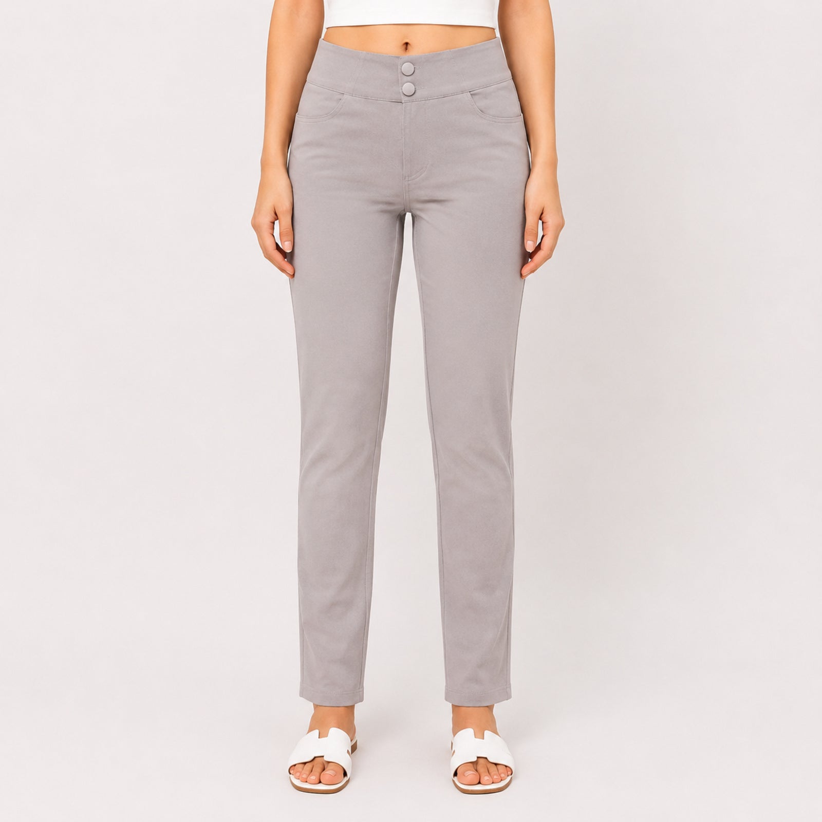 Women's Slim Fit Grey Casual Trousers-1