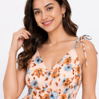 Women's Beige Floral Print Tie-Strap Fit & Flare Mini Dress-2
