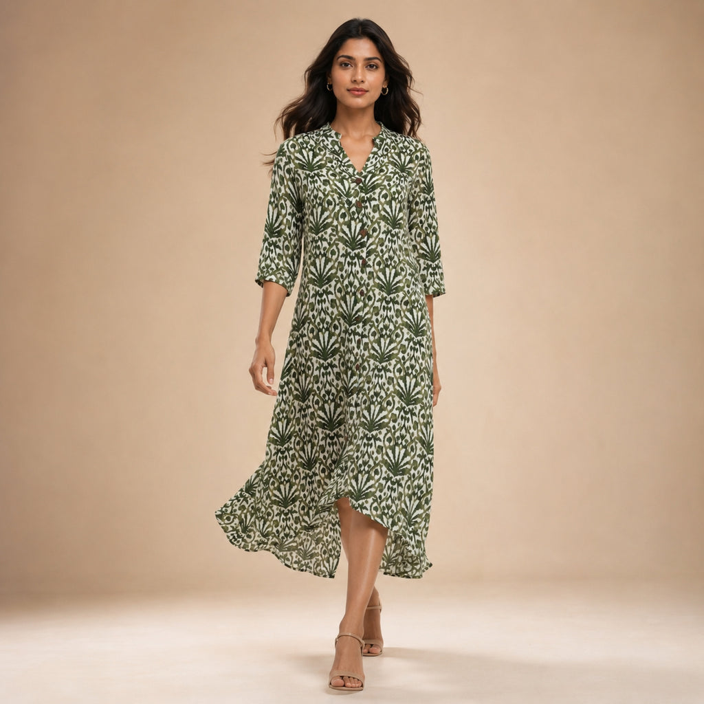 Women's Olive Green Ikat Printed Kurta-1