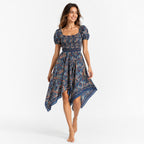Women's Teal Paisley Smocked Handkerchief Hem Midi Dress | Puff Sleeve Boho Resort Dress-1