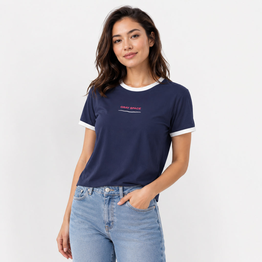 Women's Navy Blue Graphic Ringer T-Shirt-2
