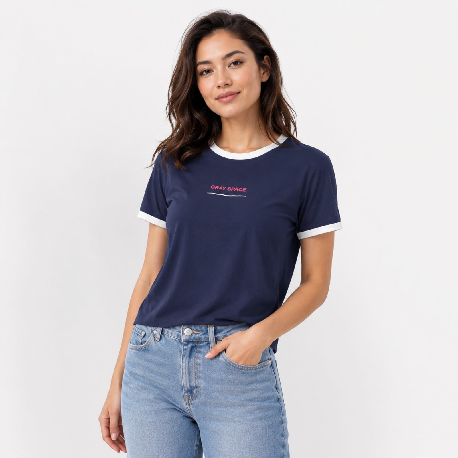 Women's Navy Blue Graphic Ringer T-Shirt-2