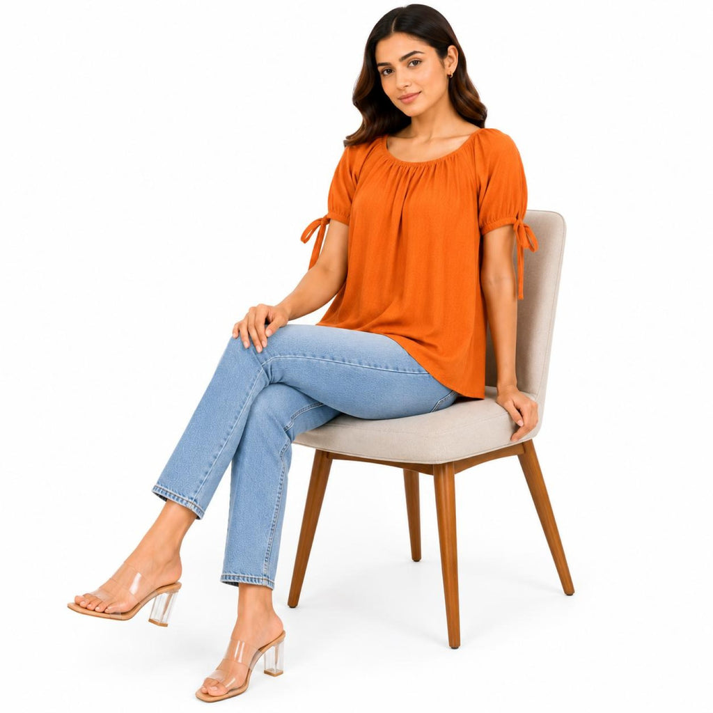 Women's Burnt Orange Gathered Neck Tie-Sleeve Casual Top-3