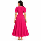 Women's Hot Pink Puff Sleeve Fit & Flare Midi Dress-1